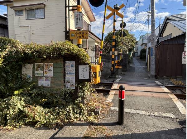 奥に進むと江ノ電がコトコトと走る雰囲気のある小道も(約60ｍ)